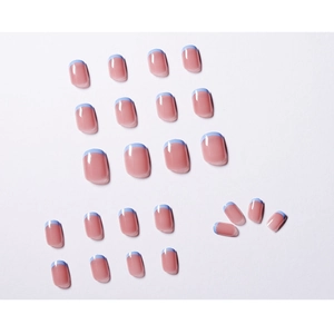 24pcs nude pink and light blue french tip fake nails in short square shape
