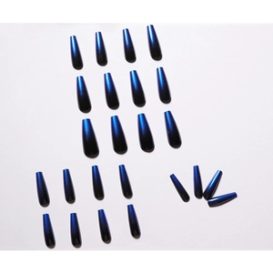 Long ballerina press-on nails with black to deep blue metallic gradient finish