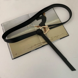 Detail of slim black leather belt with golden horseshoe buckle on a fashion magazine