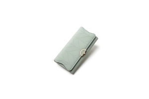 Detail of light green PU leather wallet featuring elegant leaf stitching and metal buckle