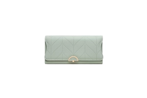 Close-up of light green PU leather wallet with V-shaped stitching and golden metal clasp