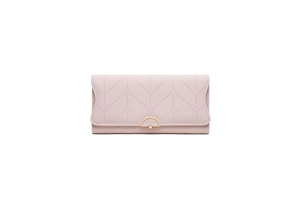 Detail of pink PU leather long wallet featuring leaf quilting and golden floral clasp