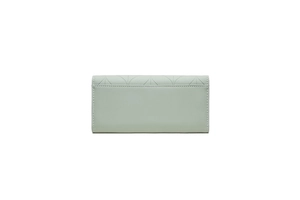 Close-up of mint green PU leather wallet with elegant fan-shaped decorative stitching