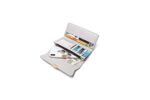 Detail view of large capacity PU leather wallet with card slots and phone pocket