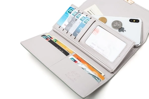 Detailed interior of a light grey PU leather long wallet with multi-card slots and phone compartment