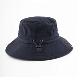 Navy blue breathable wide brim sun hat with mesh vents and adjustable chin strap