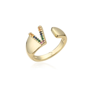 Detail of 18K gold letter V open ring with micro-set rainbow colored gemstones