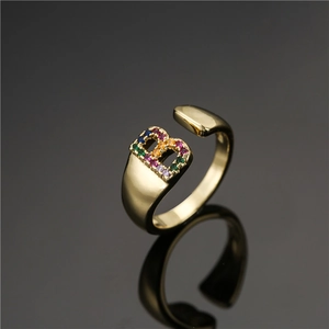 Alphabet Letter Open Ring 18K Gold Plated Copper Colorful Zircon Rainbow Adjustable Fashion Jewelry For Women