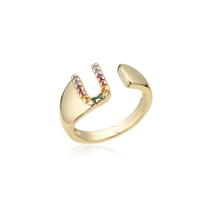 Detail of 18K gold plated U-shaped open ring featuring vibrant micro-set colorful gemstones