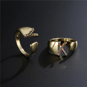18K gold plated copper rings with colorful micro-set CZ stones letter K adjustable design