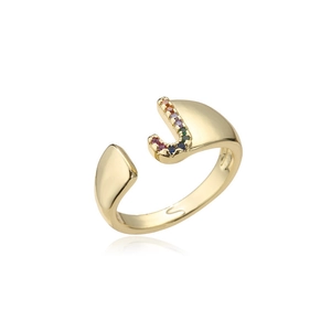Detail of 18K gold letter J open ring with sparkling rainbow micro-pave stones