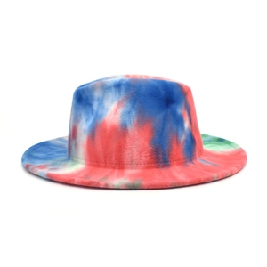 Detail of multi-color tie-dye fedora hat showing thick wool felt fabric and wide brim