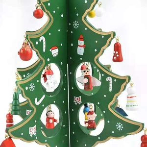 Green DIY wooden Christmas tree tabletop decoration with gold edges and painted figurines