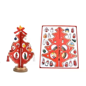 DIY red wooden Christmas tree set with 24 miniature ornaments in gift box packaging