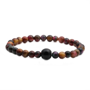 Men's natural tiger eye stone bead bracelet with colorful red blue yellow and black stones