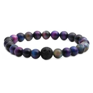 Beaded bracelet with blue tiger eye stones and black lava rock on a white background