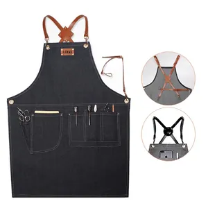 Tablier de Travail en Denim Bretelles Croisées Réglables Poches Multiples Chef Barista Cuisine Cuisson Boulangerie Uniforme de Coiffeur
