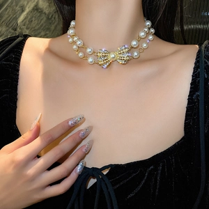 Layered Imitation Artificial Pearl Necklace Alloy Rhinestone Bowknot Pendant Vintage Elegant Jewelry For Women