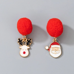 Detailed view of Christmas earrings with Santa and reindeer charms on red pom poms