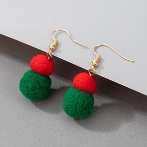 Detailed view of festive Christmas pom pom earrings with red and green plush spheres
