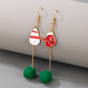 Christmas earrings featuring snowman, glove, and green pompom on golden hooks