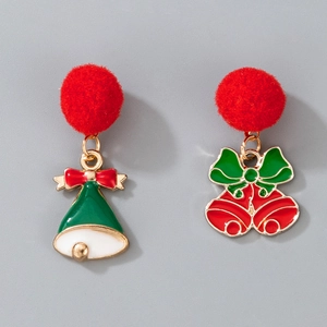 Detailed view of asymmetric Christmas earrings with red pom-poms and festive enamel bells