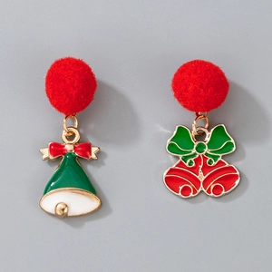 Close-up of festive asymmetric Christmas earrings with red pom-poms and colorful bells