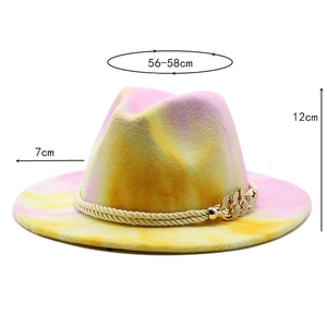 Detail view of pink tie-dye fedora hat with dimensions 56-58cm circumference and 7cm brim