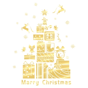 Golden Christmas tree wall decal with reindeer and snowflakes for festive window decor
