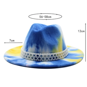 Detailed dimensions of blue tie-dye fedora with pearls: 56-58cm circumference and 7cm brim