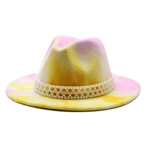 Pink and yellow tie-dye wool fedora hat for men and women with triple-row pearl band