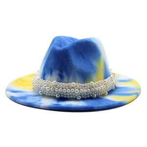 Blue and yellow tie-dye wool fedora hat with pearl beaded trim and flat brim for fashion