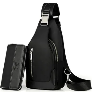 Waterproof black oxford chest bag and leather wallet set for outdoor cycling and travel