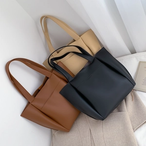 Nordic minimalist large PU leather tote bag set in black, brown, and beige colors