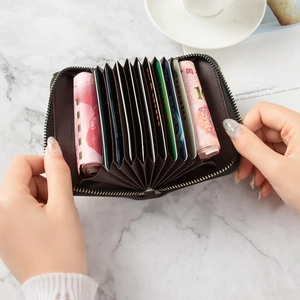 Minimalist black accordion card holder with large capacity and secure zip-around closure