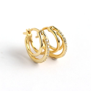 S925 sterling silver triple hoop earrings with gold plating and sparkling zircon stones