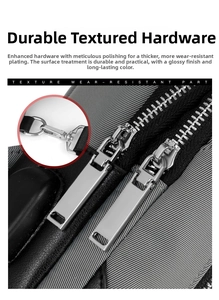 Detailed macro view of silver polished metal zipper pulls and hooks on men oxford chest bag