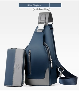 Detail of blue and grey Oxford fabric sling bag set with matching long zipper wallet