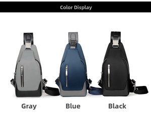 Three men's oxford chest bags displayed in grey, blue, and black with metal hardware