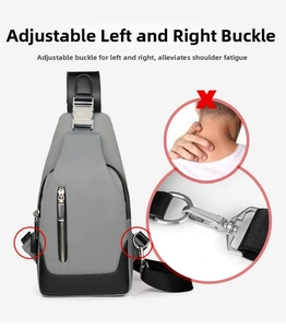 Detail of adjustable metal buckle on oxford cloth sling bag for dual-side wearing