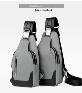 Detailed comparison of gray nylon and black leather crossbody chest bags in two sizes
