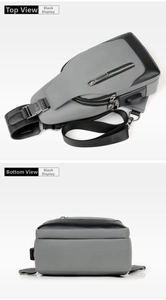 Close-up of the buckle and zipper detail on the black and gray oxford fabric sling bag