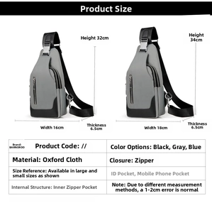 Detailed size chart for men's Oxford fabric chest bag showing dimensions and features