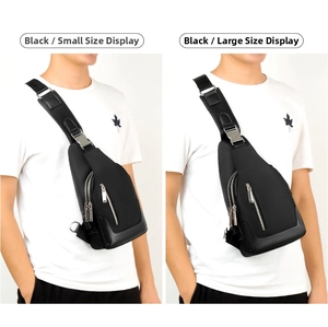 Detailed comparison of small and large black oxford cloth sling bags on male model
