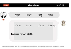 Size chart for cute cartoon nylon bucket bag showing dimensions 20x18x10cm and weight 0.16kg