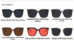 Detail view of square frame sunglasses showing six stylish color variations and metal accents