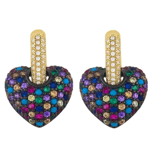 Colorful rhinestone heart drop earrings with gold plating and white crystal hoops