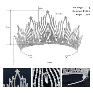 Detail view of silver alloy crown with rhinestone specs: 14.5cm diameter and 7.5cm height