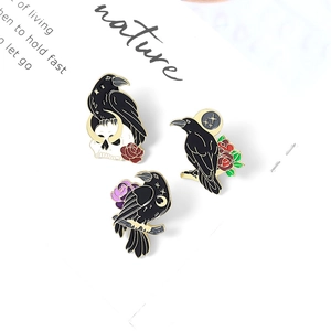 Gothic black crow enamel pins set featuring skull and rose designs on white background