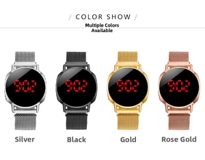 LED digital watches with mesh magnetic straps in silver, black, gold and rose gold